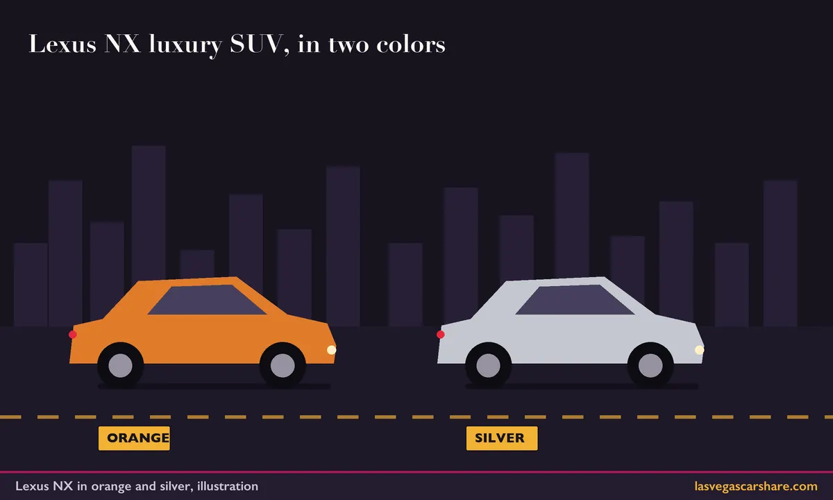 Illustration of two compact luxury SUVs side by side, one orange and one silver, on a night road
