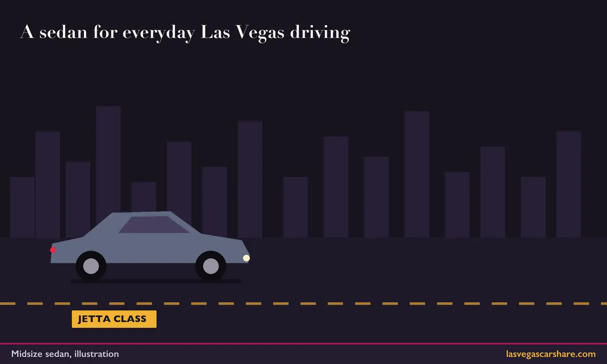 Illustration of a midsize sedan parked under city lights