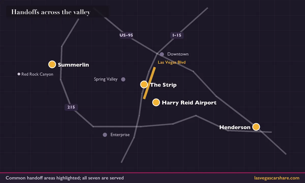 Map of the Las Vegas valley highlighting the airport, the Strip, Henderson and Summerlin