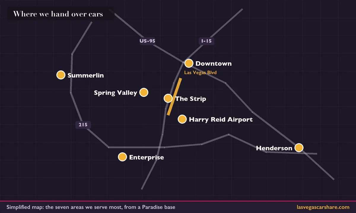Simplified map of the Las Vegas valley showing Harry Reid Airport, the Strip, downtown, Henderson, Summerlin, Spring Valley and Enterprise